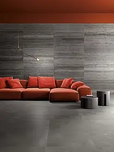 Grundflise, Effekt beton, Farve sort, Uglaseret porcelænsstentøj, 120x270 cm, Overflade skridsikker