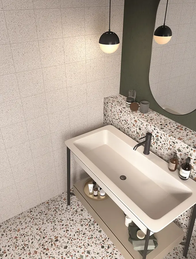 Background tile, Effect terrazzo, Color white,multicolor, Glazed porcelain stoneware, 20x20 cm, Finish antislip