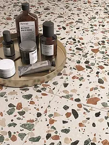 Effect terrazzo, Color white,multicolor, Background tile, Glazed porcelain stoneware, 20x20 cm, Finish antislip
