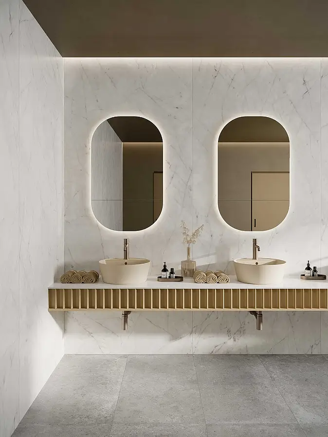 Background tile, Effect carrara, Color white, Unglazed porcelain stoneware, 120x280 cm, Finish Honed