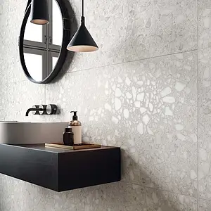 Background tile, Effect terrazzo, Color white, Unglazed porcelain stoneware, 60x120 cm, Finish semi-polished