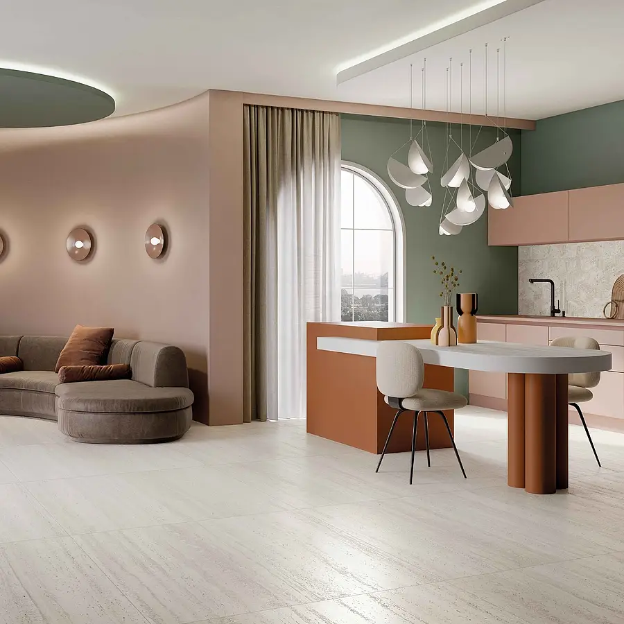 Background tile, Effect travertine, Color white, Unglazed porcelain stoneware, 60x120 cm, Finish antislip