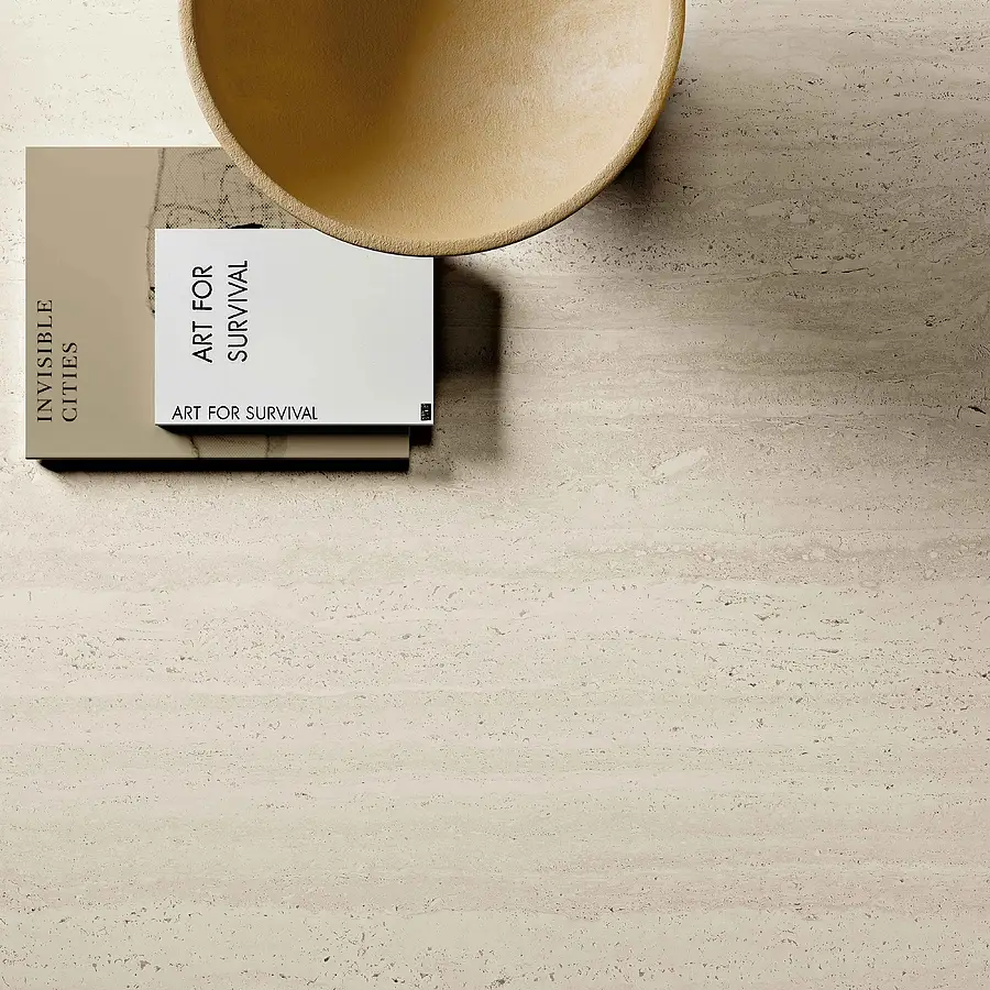 Background tile, Effect travertine, Color beige, Unglazed porcelain stoneware, 120x120 cm, Finish antislip
