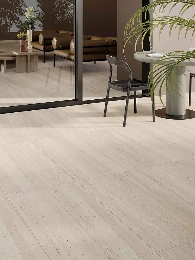 Background tile, Effect travertine, Color beige, Glazed porcelain stoneware, 60x120 cm, Finish antislip