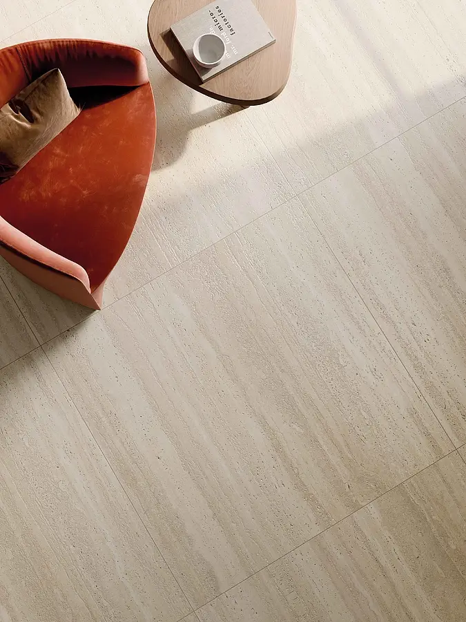 Background tile, Effect travertine, Color beige, Unglazed porcelain stoneware, 120x120 cm, Finish semi-polished