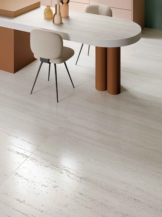 Background tile, Effect travertine, Color white, Unglazed porcelain stoneware, 120x120 cm, Finish semi-polished