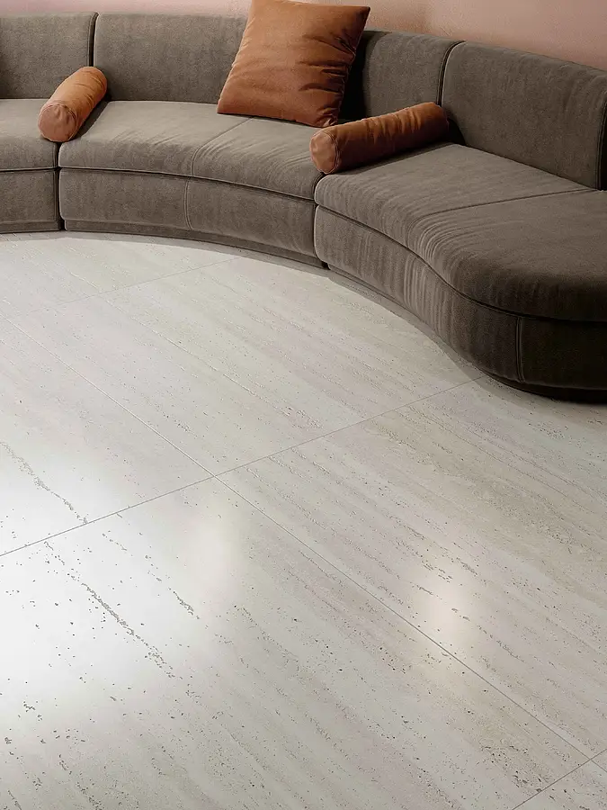 Background tile, Effect travertine, Color white, Unglazed porcelain stoneware, 120x120 cm, Finish semi-polished