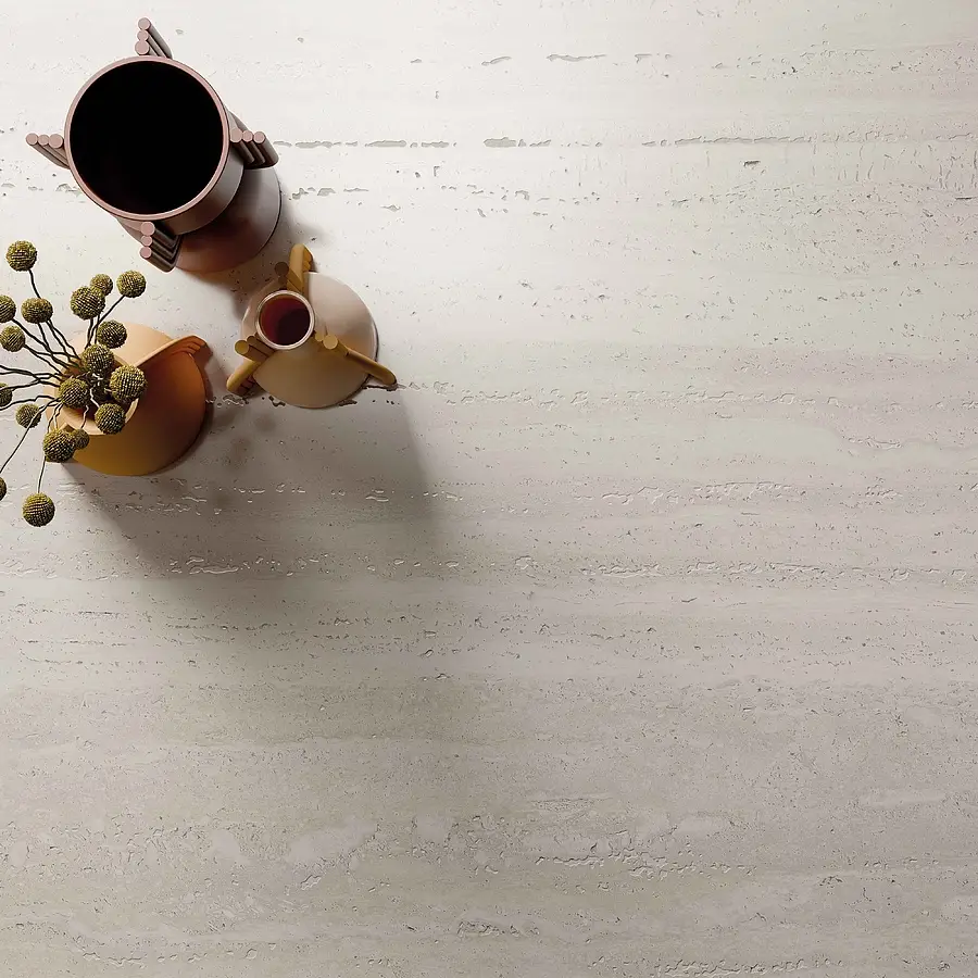 Background tile, Effect travertine, Color white, Unglazed porcelain stoneware, 120x120 cm, Finish semi-polished