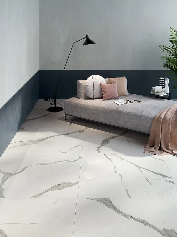Background tile, Effect statuario, Color white, Unglazed porcelain stoneware, 120x120 cm, Finish polished