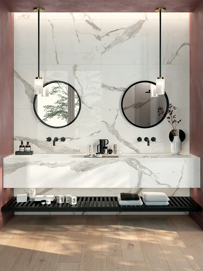 Background tile, Effect statuario, Color white, Unglazed porcelain stoneware, 60x120 cm, Finish polished