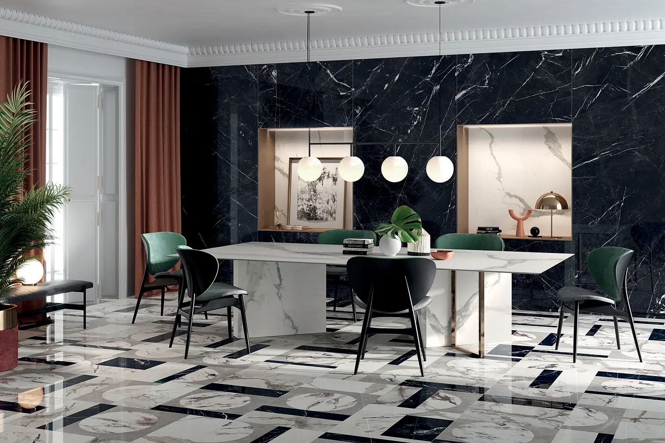 Background tile, Effect other marbles, Color black & white, Style patchwork, Unglazed porcelain stoneware, 120x120 cm, Finish polished