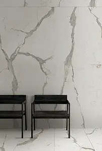 Background tile, Effect stone,statuario, Color white, Unglazed porcelain stoneware, 120x280 cm, Finish Honed