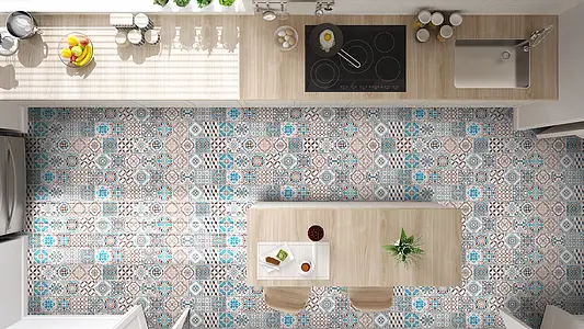 Mosaikeffektfliser, Effekt marokkanske fliser, Farve beige,med flere farver,himmelblå, Stil patchwork, Glaseret porcelænsstentøj, 15x90 cm, Overflade Sleben
