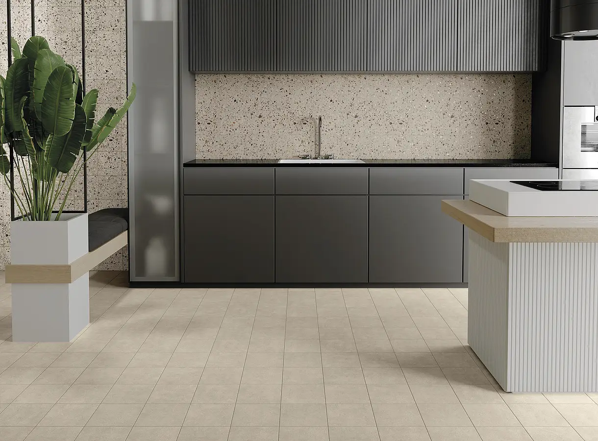 Background tile, Effect concrete, Color beige, Glazed porcelain stoneware, 20x20 cm, Finish antislip