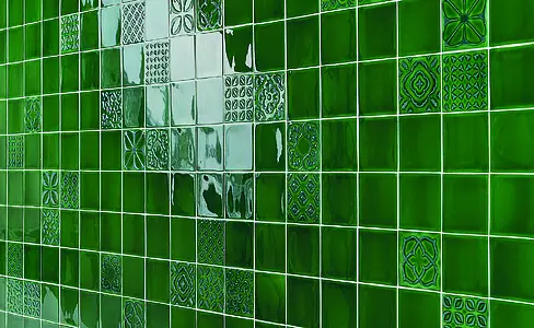Efecto monocolor, Color verde, Estilo zellige, Azulejo base, Cerámica, 10x10 cm, Acabado brillo