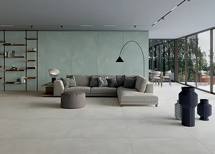 Background tile, Effect concrete, Color green, Glazed porcelain stoneware, 120x278 cm, Finish matte