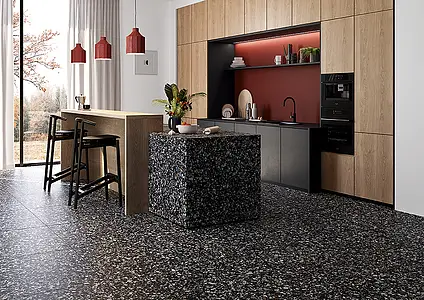 Basistegels, Effect terrazzo look, Kleur zwarte, Ongeglazuurd porseleinen steengoed, 90x90 cm, Oppervlak mat