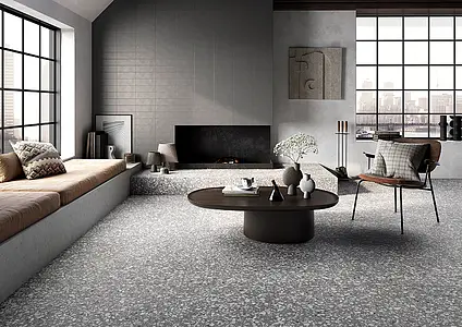 Basistegels, Effect terrazzo look, Kleur grijze, Ongeglazuurd porseleinen steengoed, 90x90 cm, Oppervlak mat