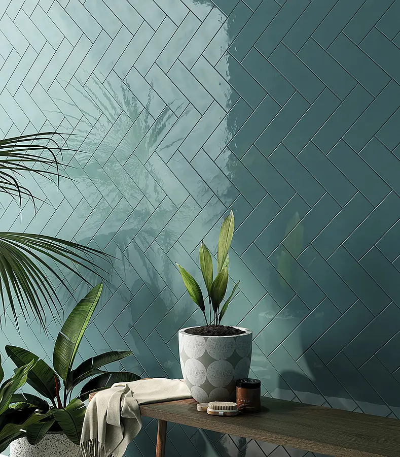 Background tile, Color green,navy blue, Glazed porcelain stoneware, 8.2x25 cm, Finish glossy