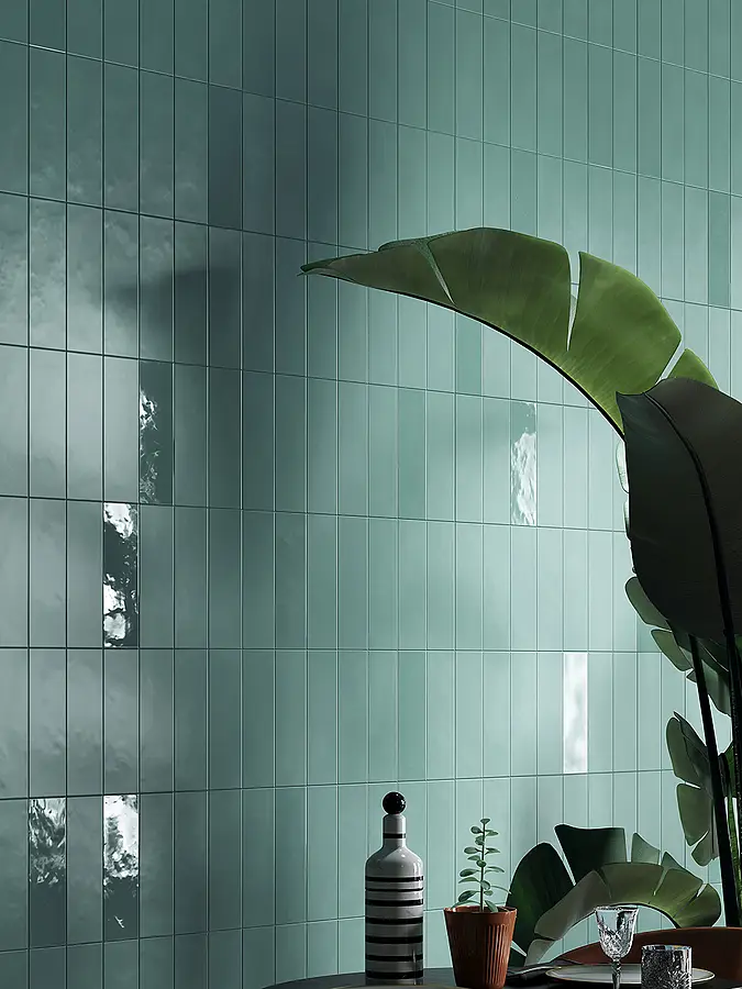 Background tile, Color green, Glazed porcelain stoneware, 8.2x25 cm, Finish glossy