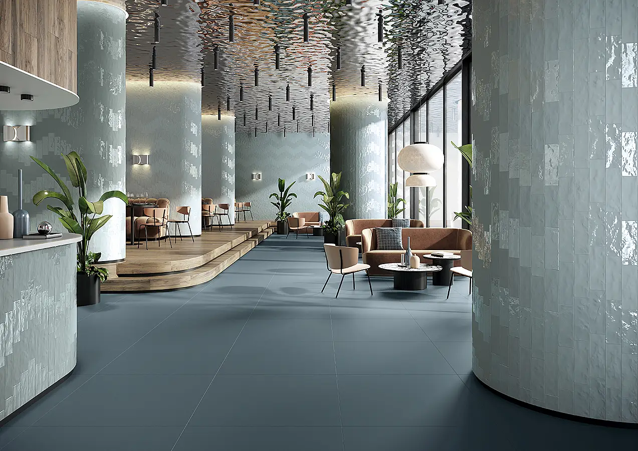 Background tile, Color sky blue, Glazed porcelain stoneware, 8.2x25 cm, Finish matte