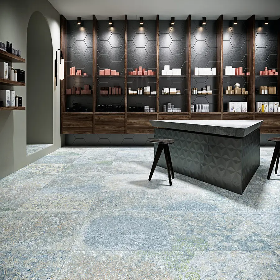 Background tile, Color sky blue, Glazed porcelain stoneware, 59.55x59.55 cm, Finish antislip