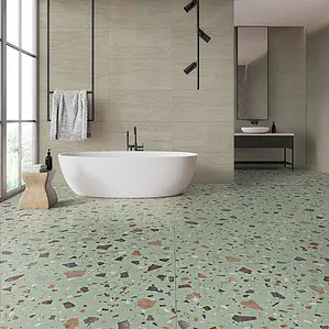 Basistegels, Effect terrazzo look, Kleur groene, Geglazuurde porseleinen steengoed, 99.55x99.55 cm, Oppervlak antislip