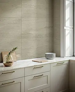 Background tile, Effect travertine, Color beige, Glazed porcelain stoneware, 49.75x99.55 cm, Finish antislip