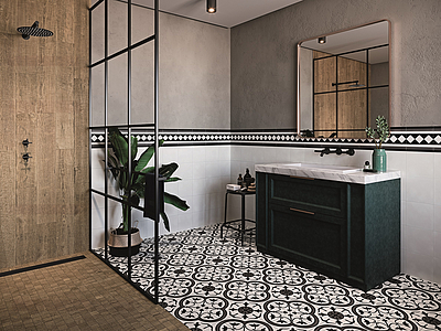Background tile, Effect faux encaustic tiles, Color black & white, Glazed porcelain stoneware, 59.2x59.2 cm, Finish antislip