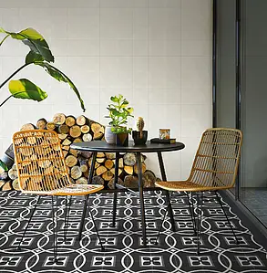 Background tile, Effect faux encaustic tiles, Color black & white, Glazed porcelain stoneware, 59.2x59.2 cm, Finish antislip