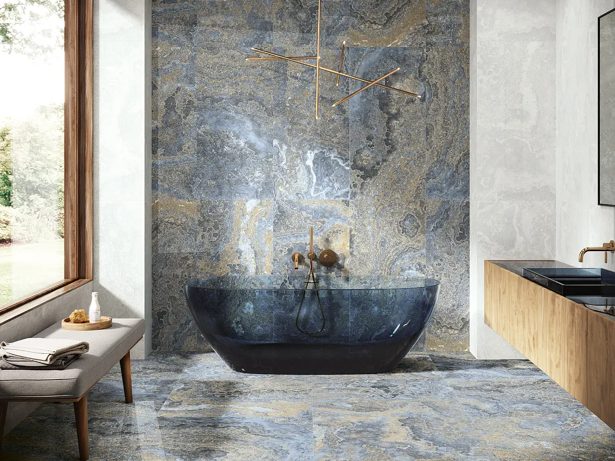 Background tile, Effect agate, Color beige,sky blue, Glazed porcelain stoneware, 60x120 cm, Finish semi-polished
