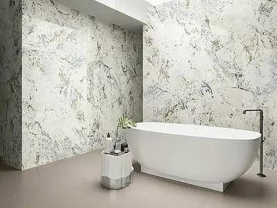 Background tile, Effect quartzite, Color white, Unglazed porcelain stoneware, 120x280 cm, Finish polished
