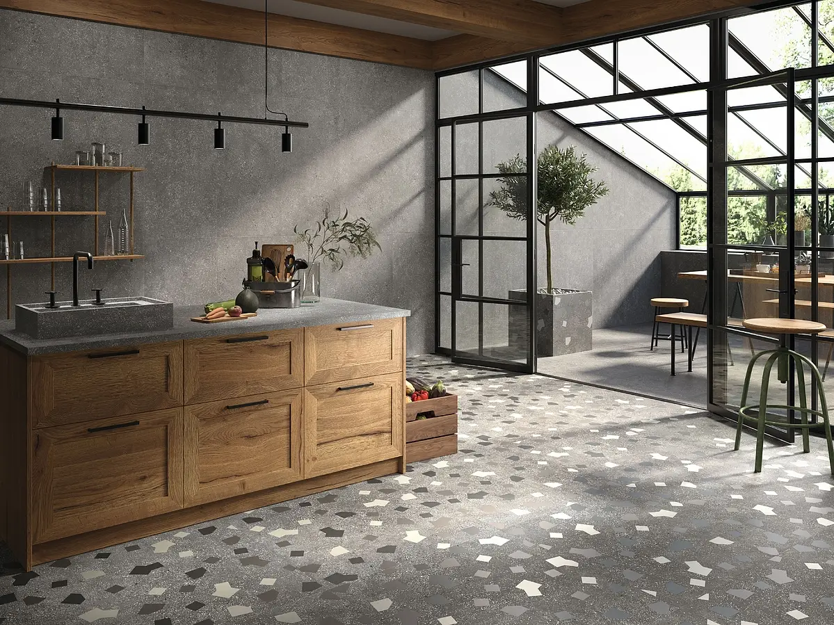 Background tile, Effect terrazzo, Color grey, Style designer, Glazed porcelain stoneware, 60x120 cm, Finish antislip