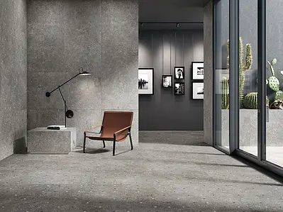 Carrelage, Effet terrazzo, Teinte grise, Style designer, Grès cérame émaillé, 90x90 cm, Surface antidérapante