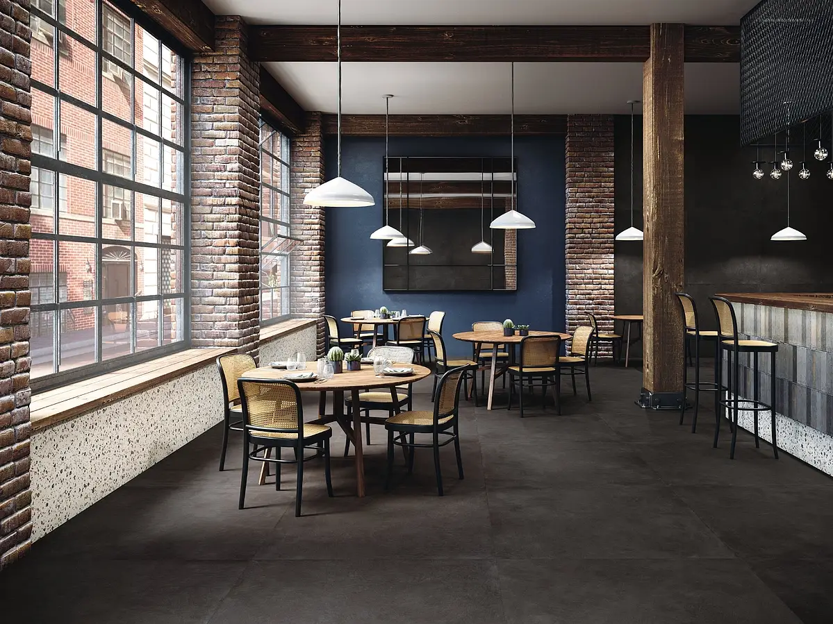 Background tile, Effect terracotta, Color black, Glazed porcelain stoneware, 120x120 cm, Finish antislip