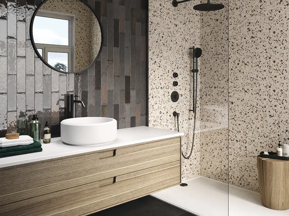 Background tile, Effect terrazzo, Color beige, Glazed porcelain stoneware, 30x30 cm, Finish antislip