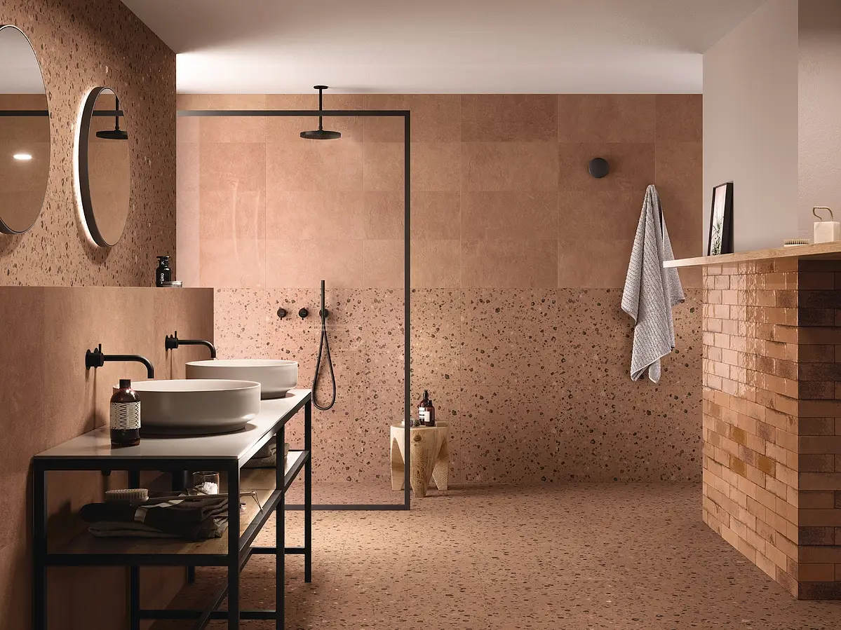 Background tile, Effect terrazzo,terracotta, Color brown, Glazed porcelain stoneware, 30x30 cm, Finish antislip