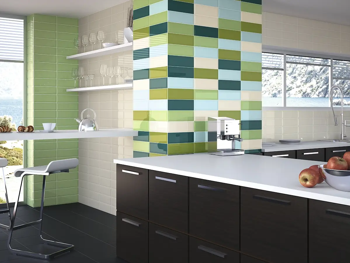 Background tile, Effect unicolor, Color green, Style metro, Ceramics, 10x30 cm, Finish glossy