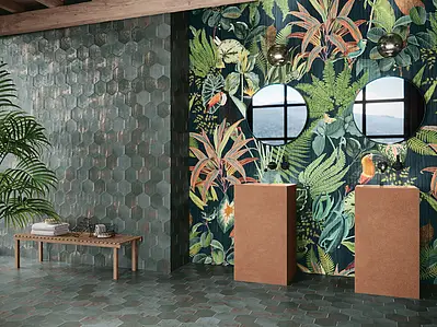Background tile, Effect metal, Color green, Glazed porcelain stoneware, 13.9x16 cm, Finish antislip