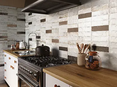 Background tile, Effect metal, Color white, Ceramics, 6.3x25 cm, Finish aged