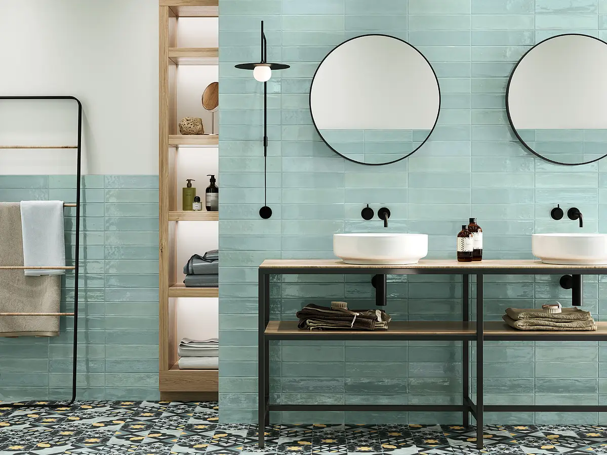 Background tile, Color green, Style zellige, Ceramics, 7.5x30 cm, Finish glossy