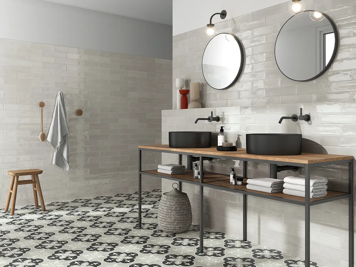 Background tile, Effect faux encaustic tiles, Color black & white, Glazed porcelain stoneware, 15x15 cm, Finish matte