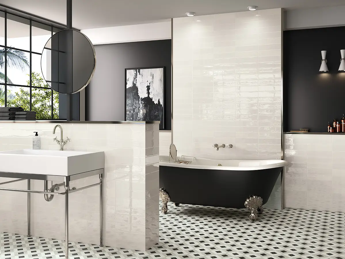 Background tile, Color white, Style zellige, Ceramics, 7.5x30 cm, Finish glossy