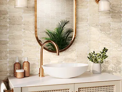 Background tile, Effect travertine, Color beige, Unglazed porcelain stoneware, 5x15 cm, Finish antislip