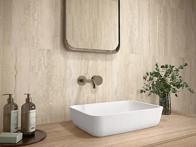 Background tile, Effect travertine, Color beige, Unglazed porcelain stoneware, 4.8x44.5 cm, Finish antislip