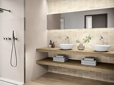 Background tile, Effect travertine, Color beige, Unglazed porcelain stoneware, 5x15 cm, Finish antislip