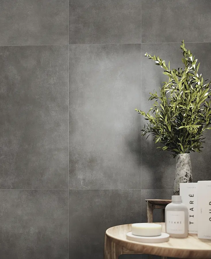 Background tile, Effect concrete, Color black, Glazed porcelain stoneware, 60x120 cm, Finish antislip