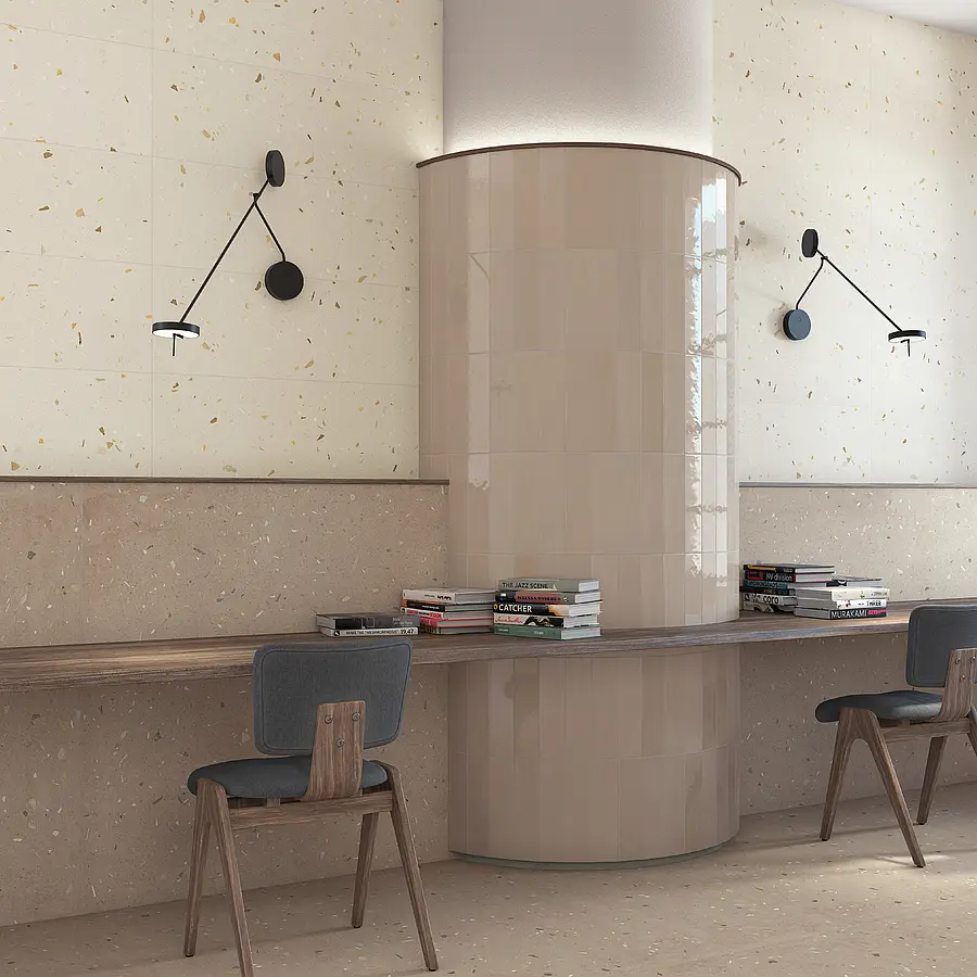 Background tile, Effect terrazzo, Color beige,grey,brown, Glazed porcelain stoneware, 60x120 cm, Finish antislip