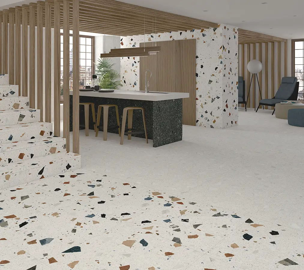 Background tile, Effect terrazzo, Color white, Glazed porcelain stoneware, 80x80 cm, Finish antislip