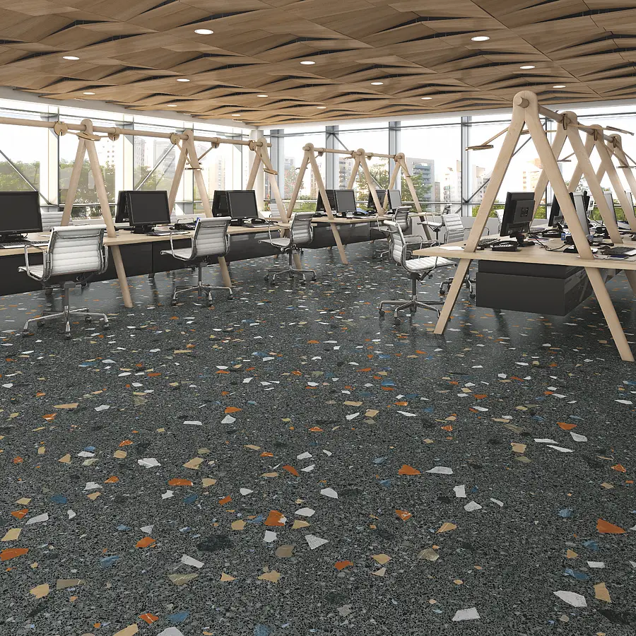 Background tile, Effect terrazzo, Color black, Glazed porcelain stoneware, 80x80 cm, Finish antislip